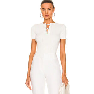 Nili Lotan L Shirt White Ribbed Stretch Well Lace Up Short Sleeve Knit Top